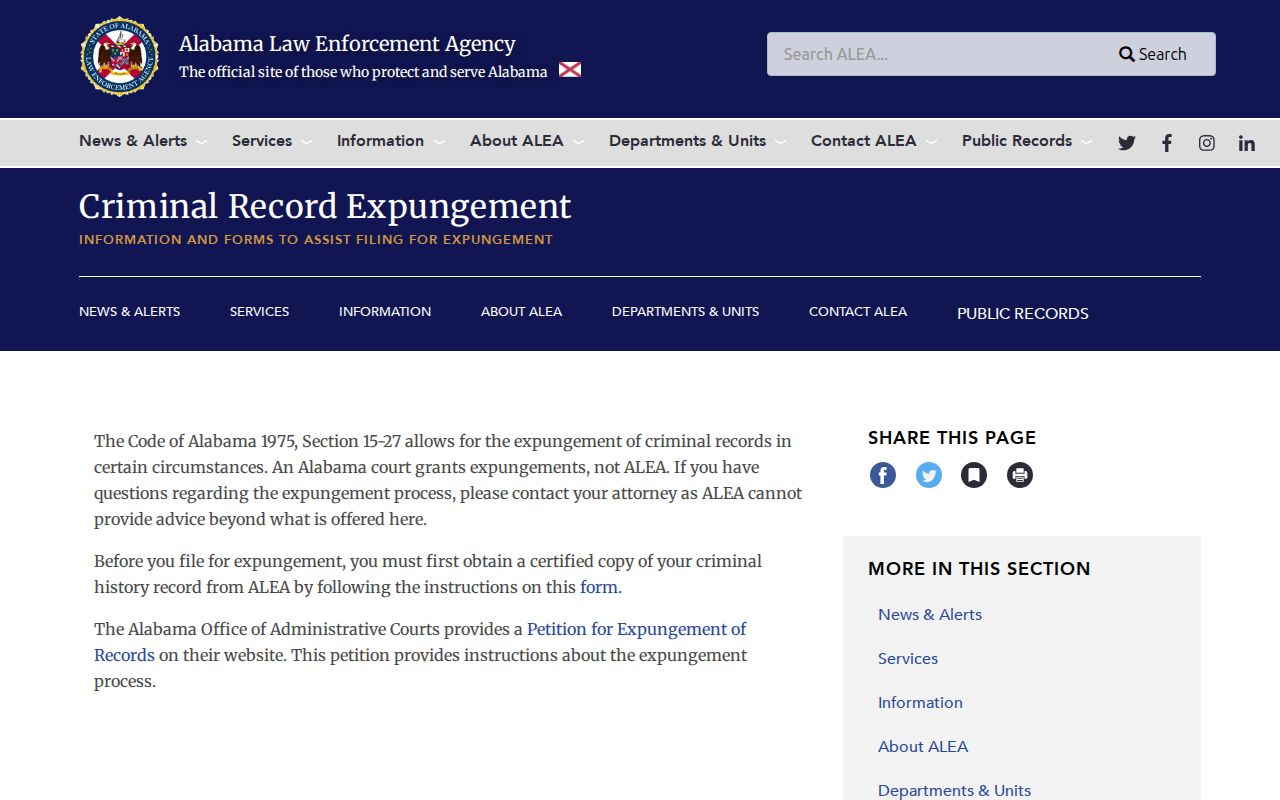 Cullman County released inmates ALEA expungement page source