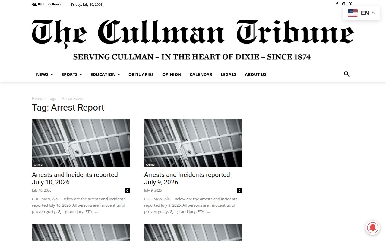 Cullman Tribune arrest report archive as context for release mugshot research