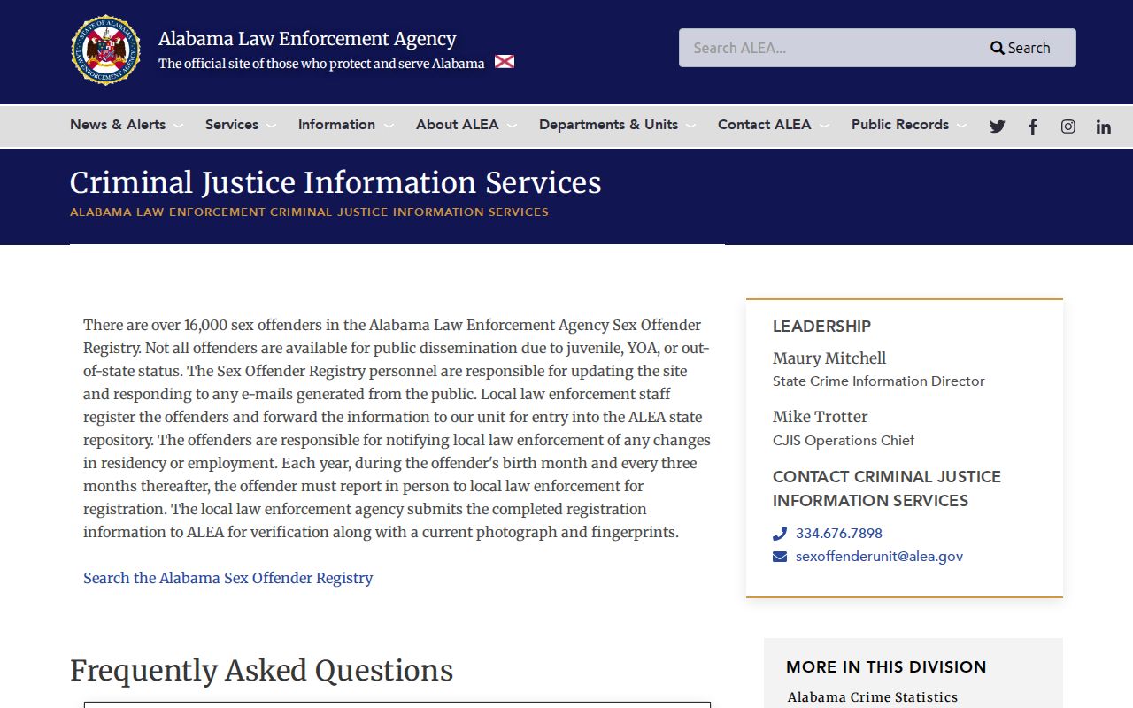 ALEA registry page showing limits for Cullman County release mugshot searches